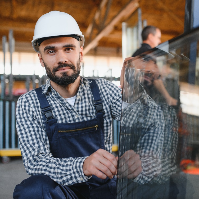The glazier carries the glass in the glass factory.